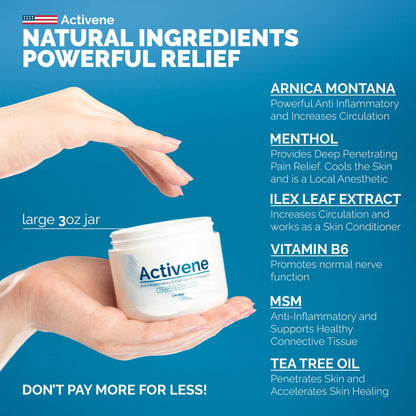 Activene Pain Relief Cream - Anti Inflammatory formulation with Powerful Arnica, Menthol & MSM for Joints, Tendons & Muscles. Chosen by Sufferers of Arthritis, Knee, Shoulder, Neck, Back & Other Pains ActiveneBuy Supplements Australia