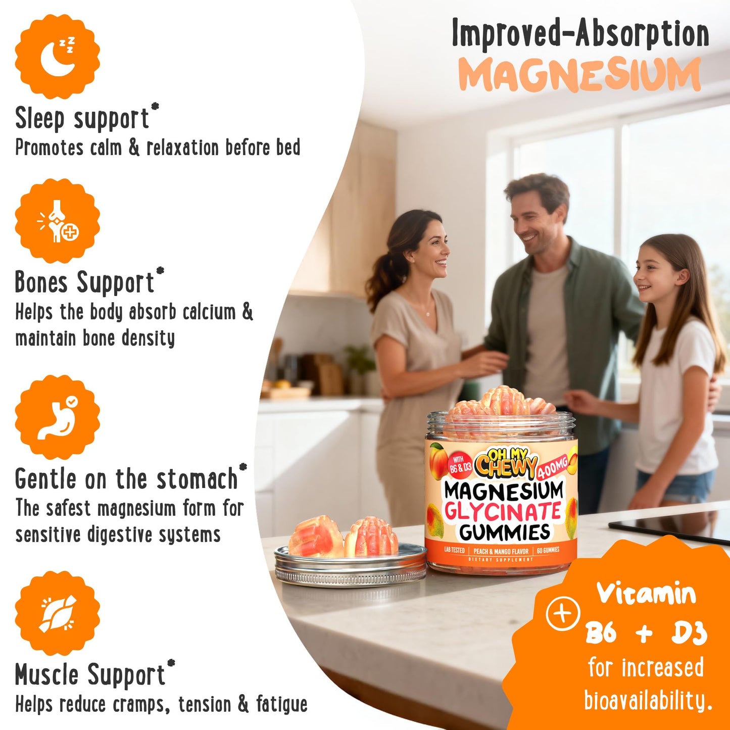 Center-Filled Magnesium Glycinate Gummies 400MG - High Absorption for Kids, Teens & Adults - Supplement for Sleep, Calm & Muscle Relaxation with B6 & D3 - Gluten Free & Vegan Friendly - 60 Count OH MY CHEWYBuy Supplements Australia