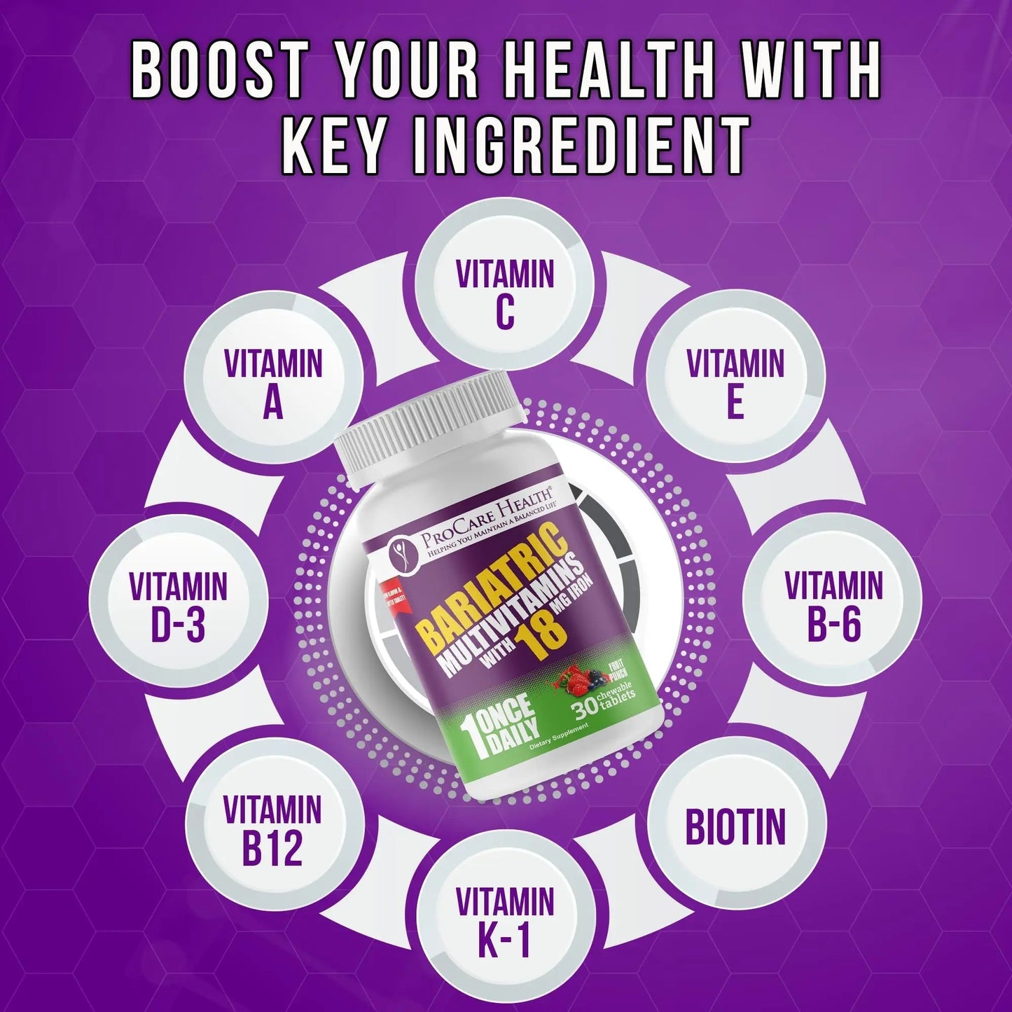 ProCare Health Bariatric Chewable Multivitamin with Iron 18mg (30 Tablets) - Fruit Punch Flavor Bariatric Multivitamin Chewable ProCare Health