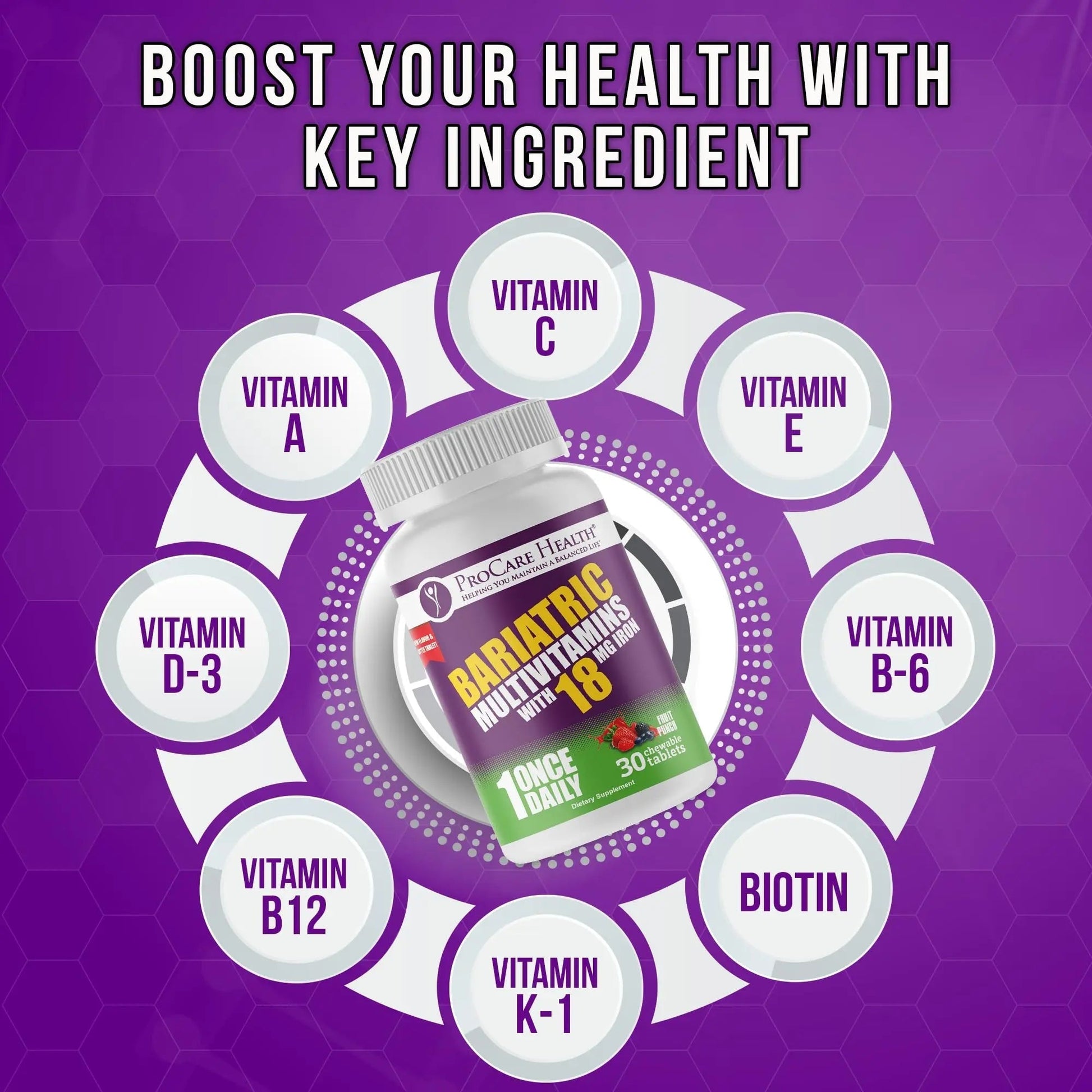 ProCare Health Bariatric Chewable Multivitamin with Iron 18mg (30 Tablets) - Fruit Punch Flavor Bariatric Multivitamin Chewable ProCare Health