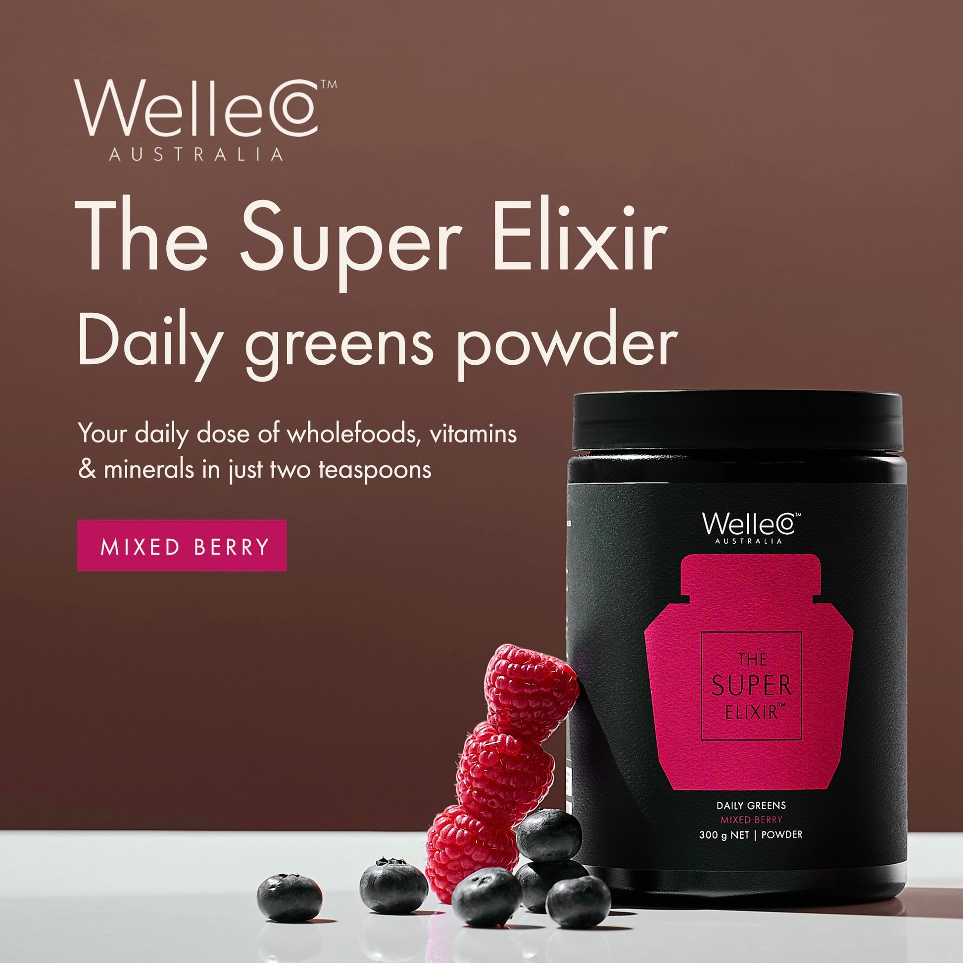 WelleCo The Super Elixir Daily Greens Powder, Probiotic Drink Mix with Whole Foods, Gluten Free, Vegan Gut Health Powder, Energy, Immunity, Healthy Skin, Hair & Nails (300g, Mixed Berry) WelleCoBuy Supplements Australia