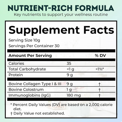Bovine Colostrum and Hydrolyzed Collagen Peptides Powder Supplement for Women & Men - Supports Gut Health, Joint & Bone Health, Hair Skin Nails - Grass-Fed, Non-GMO, Gluten Free, 300g (30 Servings) OVIDABuy Supplements Australia