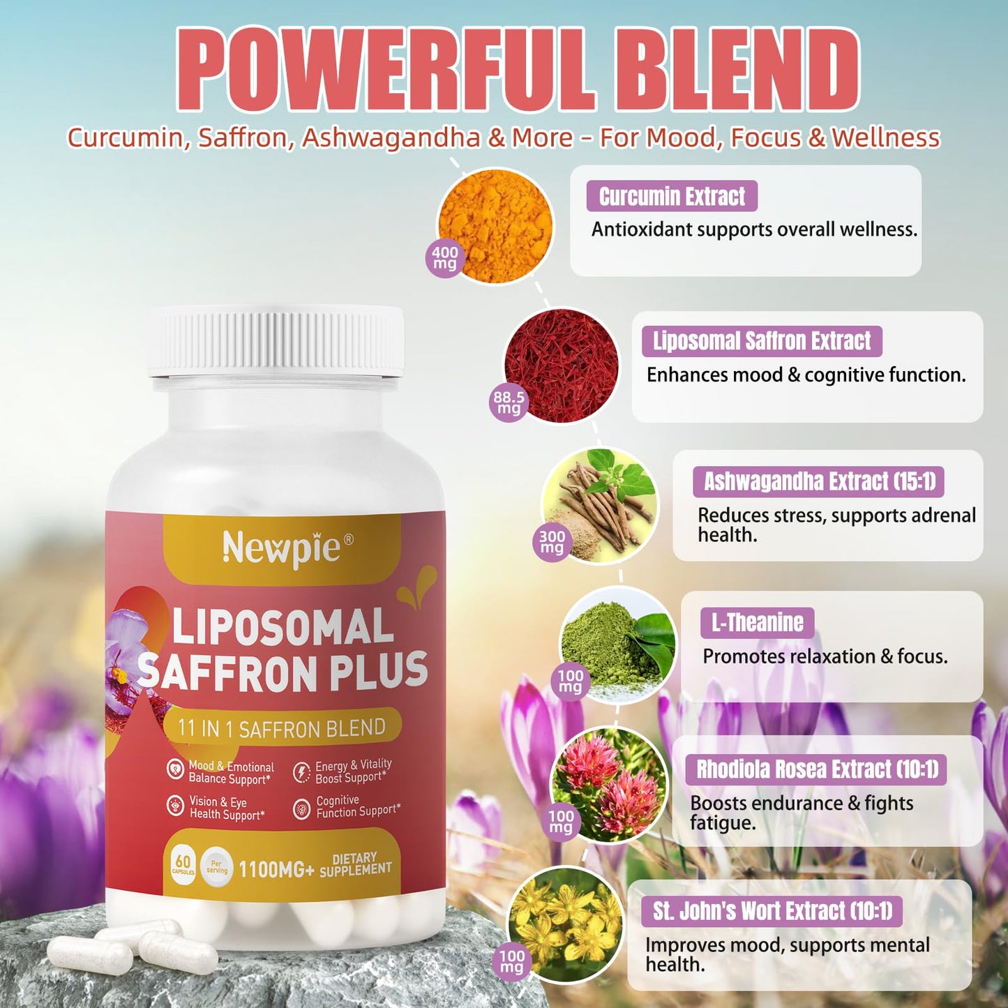 Newpie Saffron Supplements - 100% Pure Saffron Extract Capsules - Natural Mood Enhancer, Supports Eye & Heart Health, Boosts Energy - Premium Supplement for Women & Men（60 Servings (1) NewpieBuy Supplements Australia