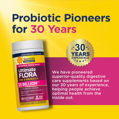 Renew Life Ultimate Flora Probiotics for Women with Prebiotics | 25 Billion CFU | 30 Delayed Release Capsules | 3 in 1 Synbiotic | Supports Digestive and Immune Health | Dairy, Soy and Gluten-Free Renew Life buy supplements Au
