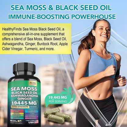 HealthyFinds Sea Moss Black Seed Oil Ashwagandha Ginger Capsules with Turmeric Bladderwrack Burdock & Vitamin C Vitamin D3 with Elderberry Manuka Dandelion Yellow Dock Iodine Chlorophyll ACV HealthyFindsBuy Supplements Australia