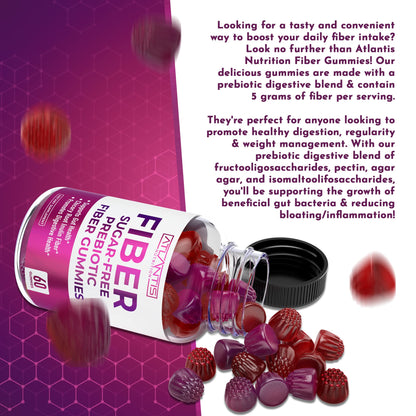 Atlantis Nutrition Sugar Free Fiber Gummies for Adults - 5G Fiber Supplement Formulated with 5.4G Prebiotic Digestive Blend/Serving - Supports Gut Health & Healthy Digestion