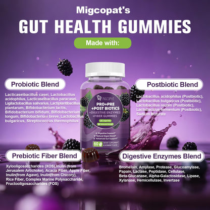 Migcopat Pre Post Probiotics Gummies, Probiotic Prebiotic Postbiotic Digestive Enzymes with Fiber, 120 Billion CFU Probiotics Complete Gut Support, Sugar Free