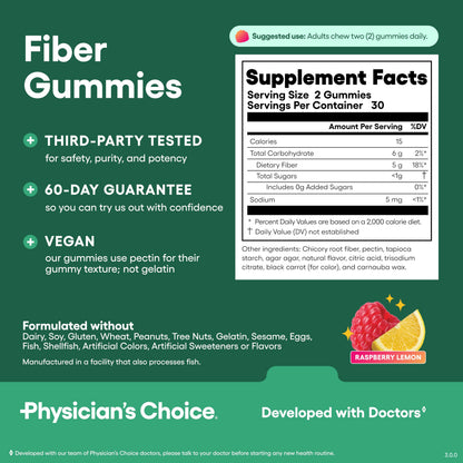 Physician’s Choice Fiber Gummies for Digestive Health & Regularity - Raspberry Lemon Flavor - No Sugar Added & Vegan - Natural Chicory Root Prebiotic Fiber