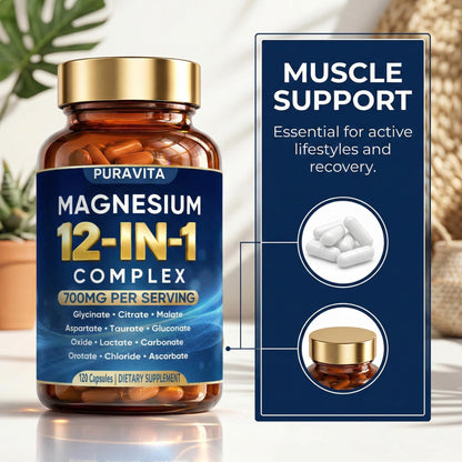 Puravita 12 in 1 Magnesium Complex Capsules - 700mg High Absorption Blend with Glycinate, Citrate, Malate, Oxide & Taurate. Supports Muscle Function, Nerve Health & Relaxation - 120 Capsules (1) PURAVITA buy supplements Au