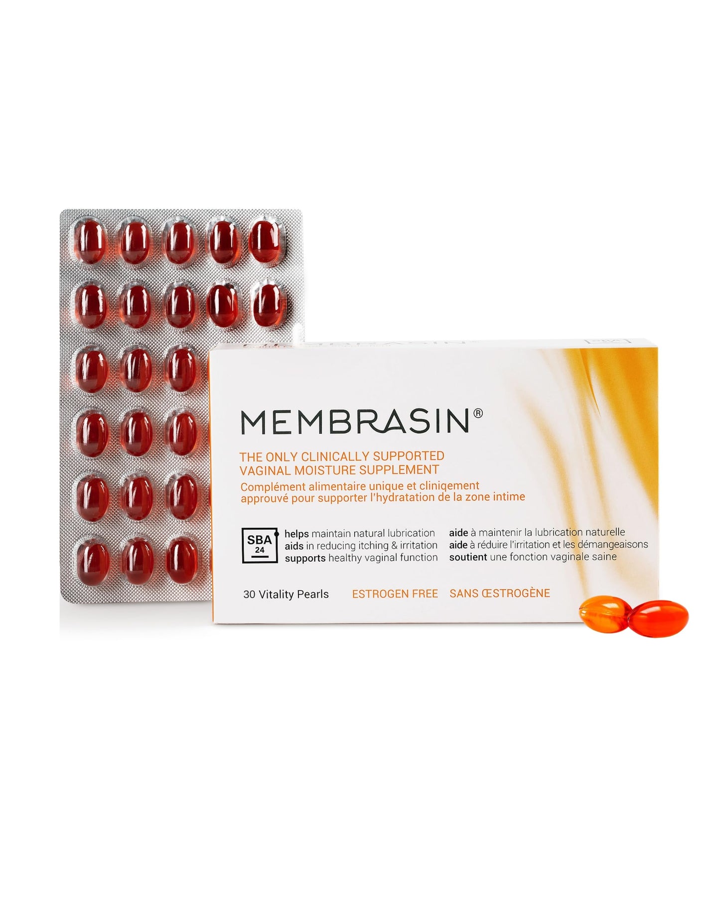 Membrasin Vaginal Moisture Support Vitality Pearls, Menopause Supplement for Vaginal Dryness & Itch, Estrogen-Free Supplement, 100% Natural Formula, Made with Sea Buckthorn Oil, 30 Oral Softgels Membrasin buy supplements Au
