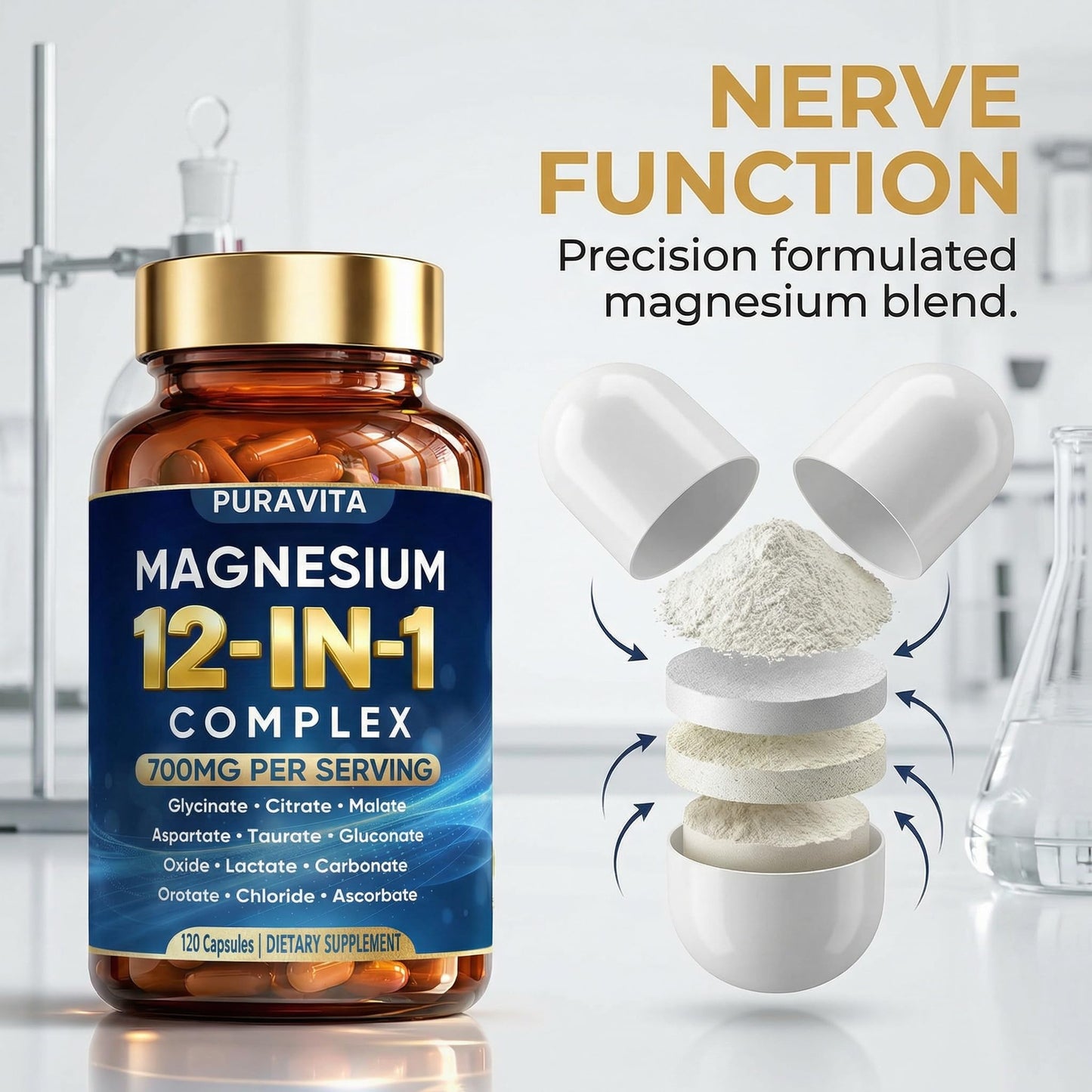 Puravita 12 in 1 Magnesium Complex Capsules - 700mg High Absorption Blend with Glycinate, Citrate, Malate, Oxide & Taurate. Supports Muscle Function, Nerve Health & Relaxation - 120 Capsules (1) PURAVITA buy supplements Au