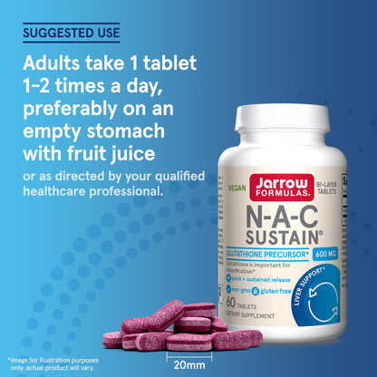 Jarrow Formulas N-A-C Sustain 600 mg, Dietary Supplement, NAC 600 mg, an Antioxidant Amino Acid Support