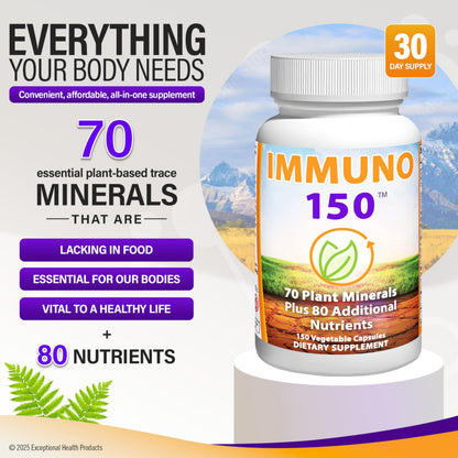 Immuno 150, Immune Support Supplement, Packed with 70 Plant Minerals, 13 Essential Vitamins and 68 Additional Nutrients-150 Vegetable Capsules- Immune Boost for All Age Groups Immuno 150 buy supplements Au