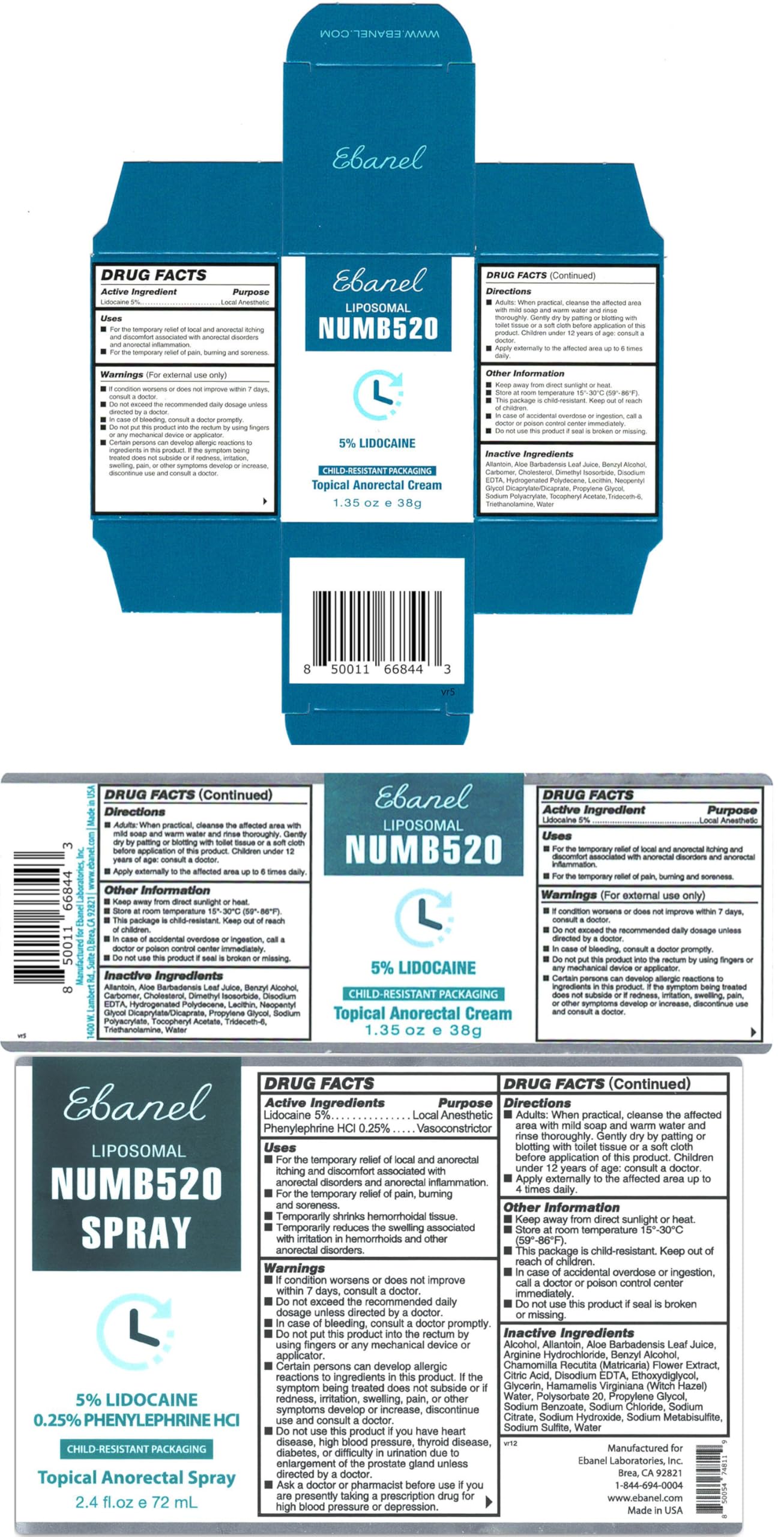 Ebanel Set of 5% Lidocaine Numbing Cream and 5% Lidocaine Spray Pain Relief Numbing Spray for Skin, Maximum Strength Topical Anesthetic to Numb Pain Burn Itch for Local and Anorectal Uses