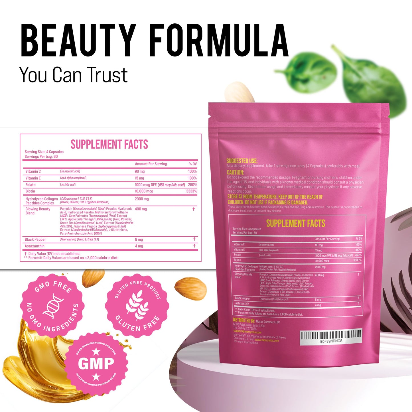 MERRY VITA Collagen for Women – Hydrolyzed Multi Collagen Peptides Types I, II, III, V & X – Collagen Supplement with Vitamin C, Biotin & Hyaluronic Acid – Grass Fed, Non-GMO, 240 Capsules MERRY VITA buy supplements Au
