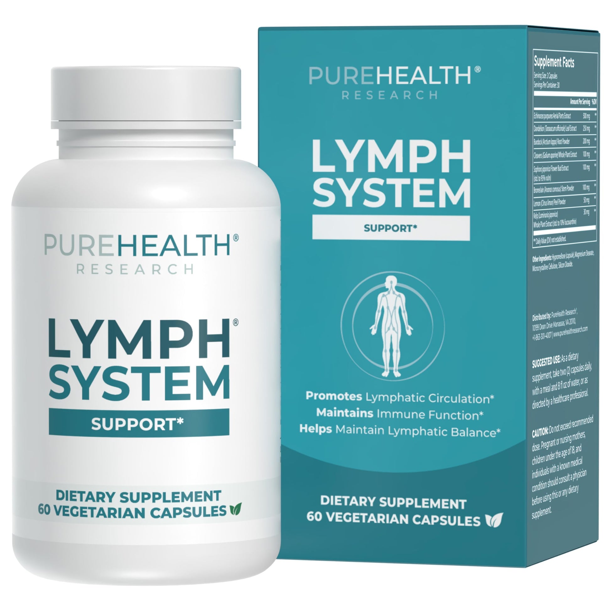 PUREHEALTH RESEARCH Lymph System Support - Lymphatic Drainage Supplement for Women & Men - Bromelain, Echinacea, Dandelion, Burdock Root, Lemon Powder, Kelp, Cleavers & More - 60 Capsules PUREHEALTH RESEARCH buy supplements Au