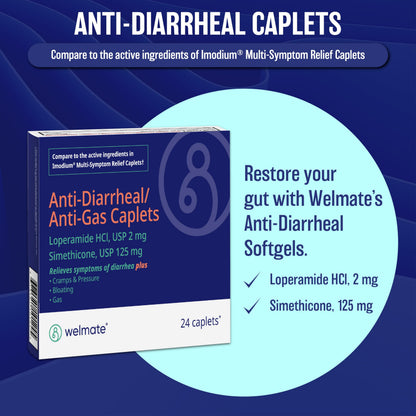 WELMATE - Anti-Diarrheal/Anti-Gas Caplets (24 Count) - Diarrhea, Gas, Bloating, Cramps - Loperamide HCl 2mg & Simethicone 125mg - OTC Medication WELMATE buy supplements Au