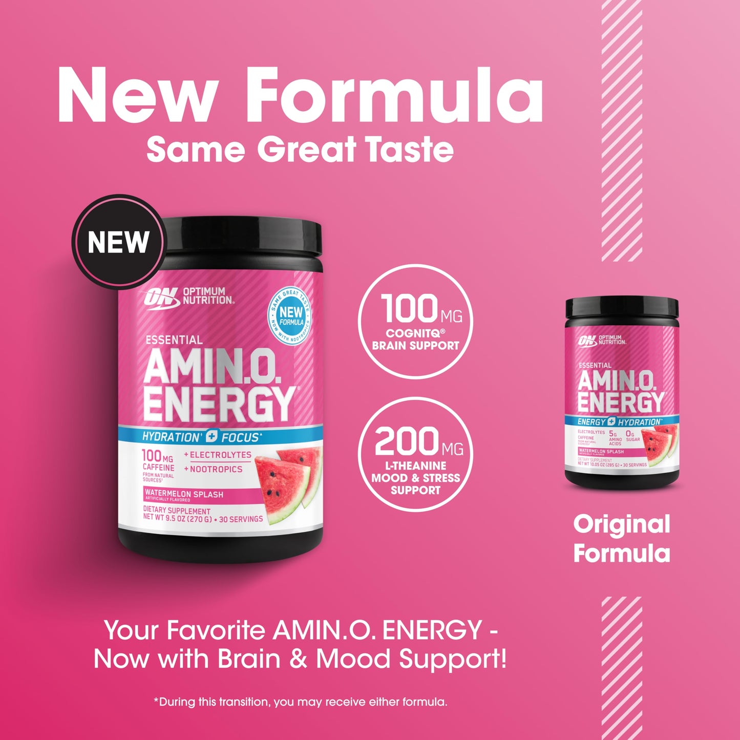 Optimum Nutrition Amino Energy Powder Plus Focus, with BCAA, Electrolytes, and Caffeine, Watermelon, 30 Servings (Packaging May Vary)