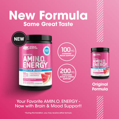 Optimum Nutrition Amino Energy Powder Plus Focus, with BCAA, Electrolytes, and Caffeine, Watermelon, 30 Servings (Packaging May Vary)