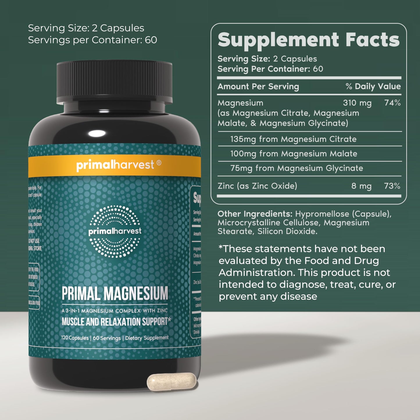 Magnesium Supplement Complex 310mg by Primal Harvest with Magnesium Glycinate, Citrate, Malate, and Zinc 120 Capsules Primal Harvest buy supplements Au