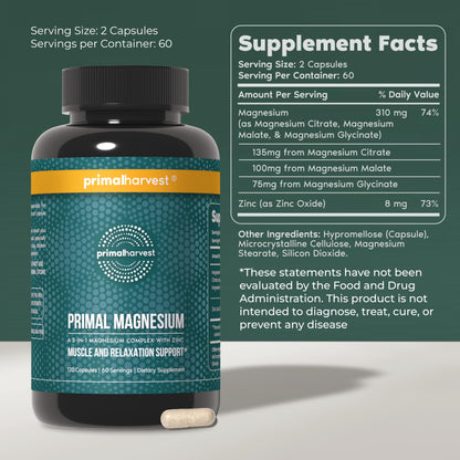 Magnesium Supplement Complex 310mg by Primal Harvest with Magnesium Glycinate, Citrate, Malate, and Zinc 120 Capsules Primal Harvest buy supplements Au