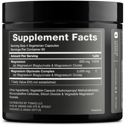 Toniiq 3,000mg Ultra High Strength Magnesium Glycinate - 20% Purified to Contain 600mg of Elemental Magnesium - Chelated and Bioavailable Magnesium