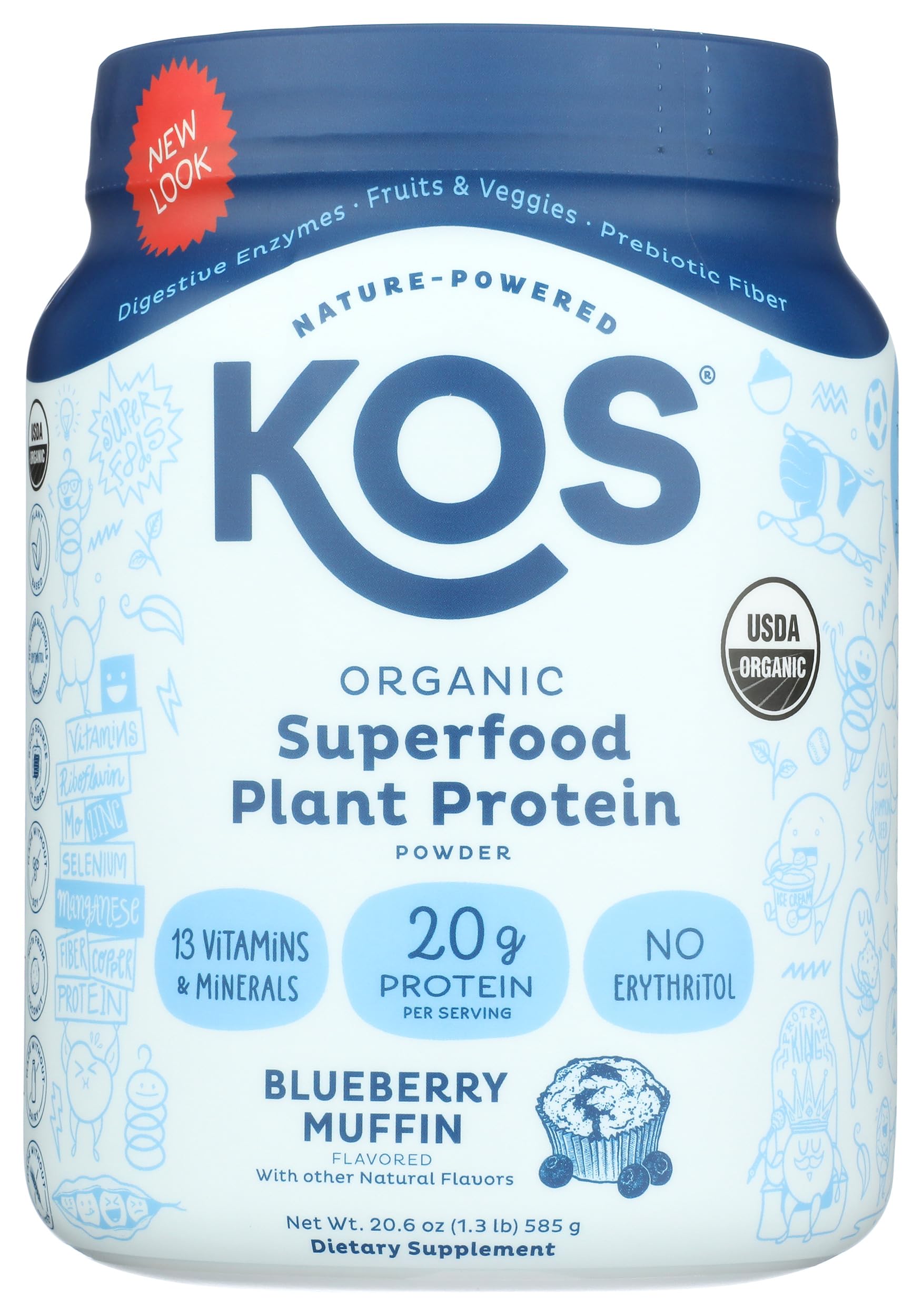 KOS Plant Based Protein Powder, Blueberry Muffin - Organic Pea Protein Superfood with Spirulina and Immune Support Blend. Soy, Gluten, Dairy Free - Vegan Meal Replacement for Women & Men - 15 Servings KOS buy supplements Au