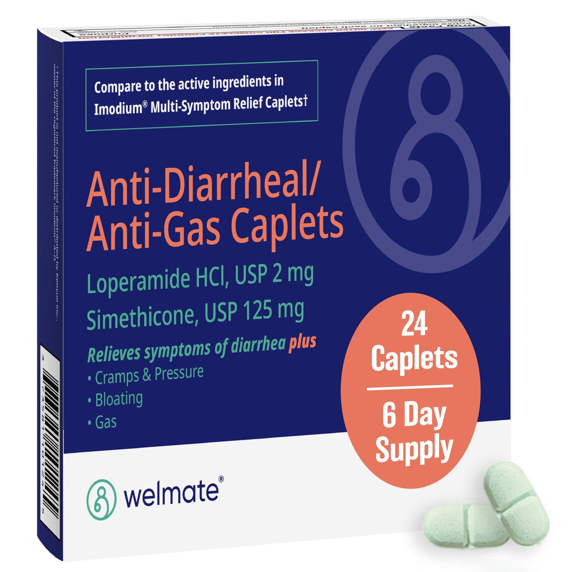 WELMATE - Anti-Diarrheal/Anti-Gas Caplets (24 Count) - Diarrhea, Gas, Bloating, Cramps - Loperamide HCl 2mg & Simethicone 125mg - OTC Medication WELMATE buy supplements Au