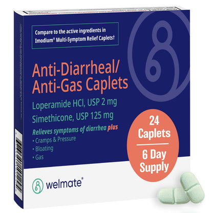 WELMATE - Anti-Diarrheal/Anti-Gas Caplets (24 Count) - Diarrhea, Gas, Bloating, Cramps - Loperamide HCl 2mg & Simethicone 125mg - OTC Medication WELMATE buy supplements Au