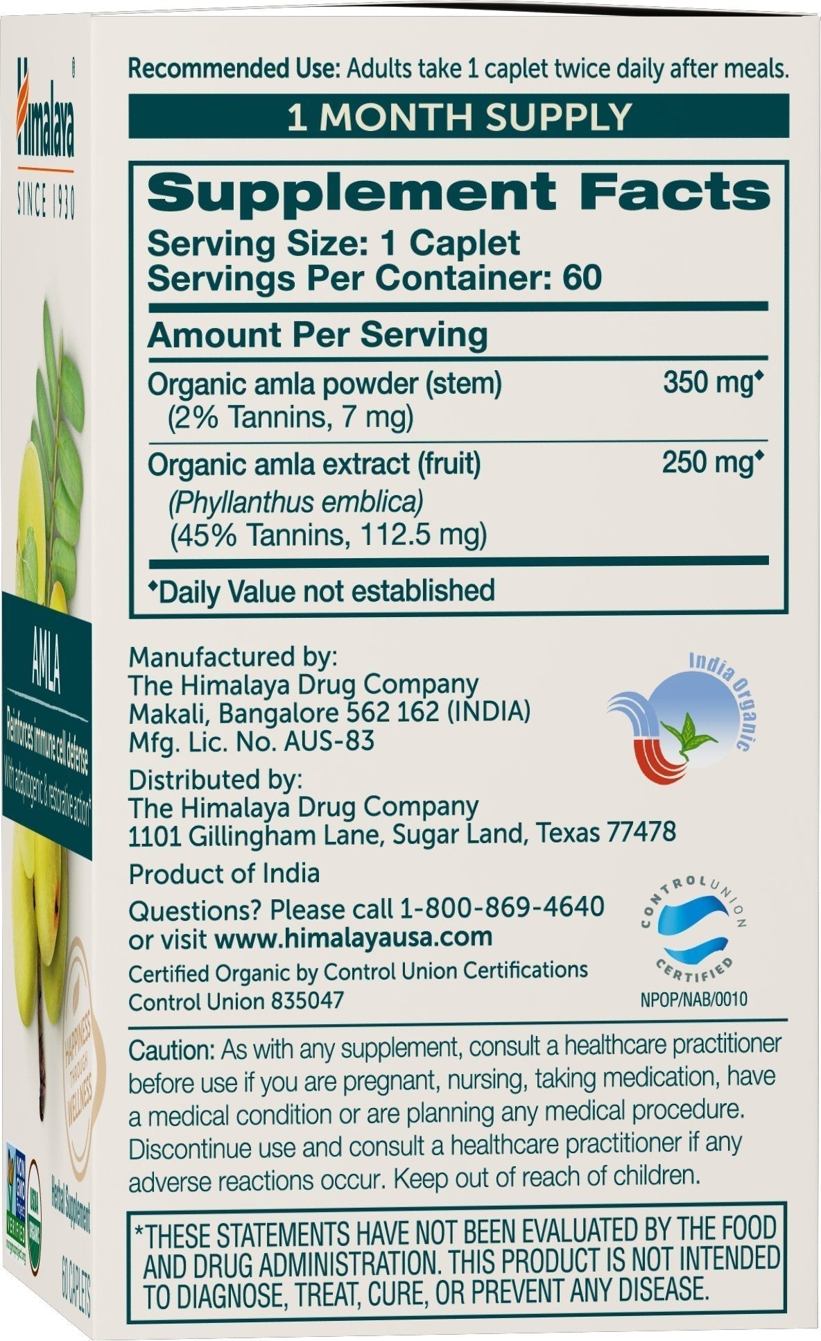 Himalaya Organic Amla - Herbal Immune Support Supplement with Adaptogen and Antioxidant - USDA Organic, Vegan, Non-GMO, Gluten Free, 600 mg, 60 Caplets HimalayaBuy Supplements Australia