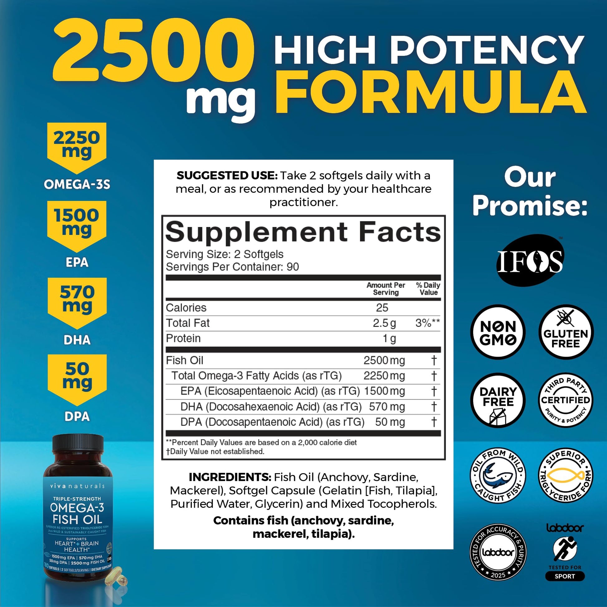 Triple Strength Fish Oil Omega 3 Supplements for Women and Men – 2500 mg High-Potency, Easy-to-Absorb Re-esterified Triglyceride Form, Pescatarian-Friendly DPA Omega 3 EPA DHA Supplement,180 Softgels Viva NaturalsBuy Supplements Australia