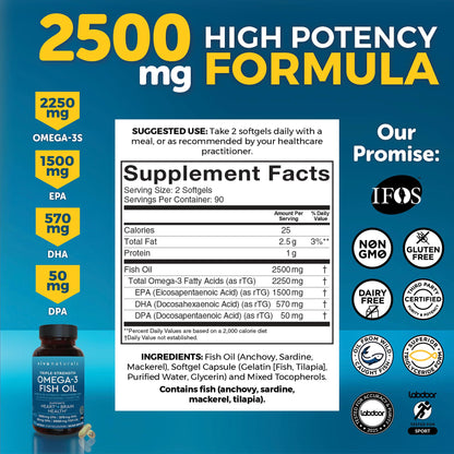 Triple Strength Fish Oil Omega 3 Supplements for Women and Men – 2500 mg High-Potency, Easy-to-Absorb Re-esterified Triglyceride Form, Pescatarian-Friendly DPA Omega 3 EPA DHA Supplement,180 Softgels Viva NaturalsBuy Supplements Australia