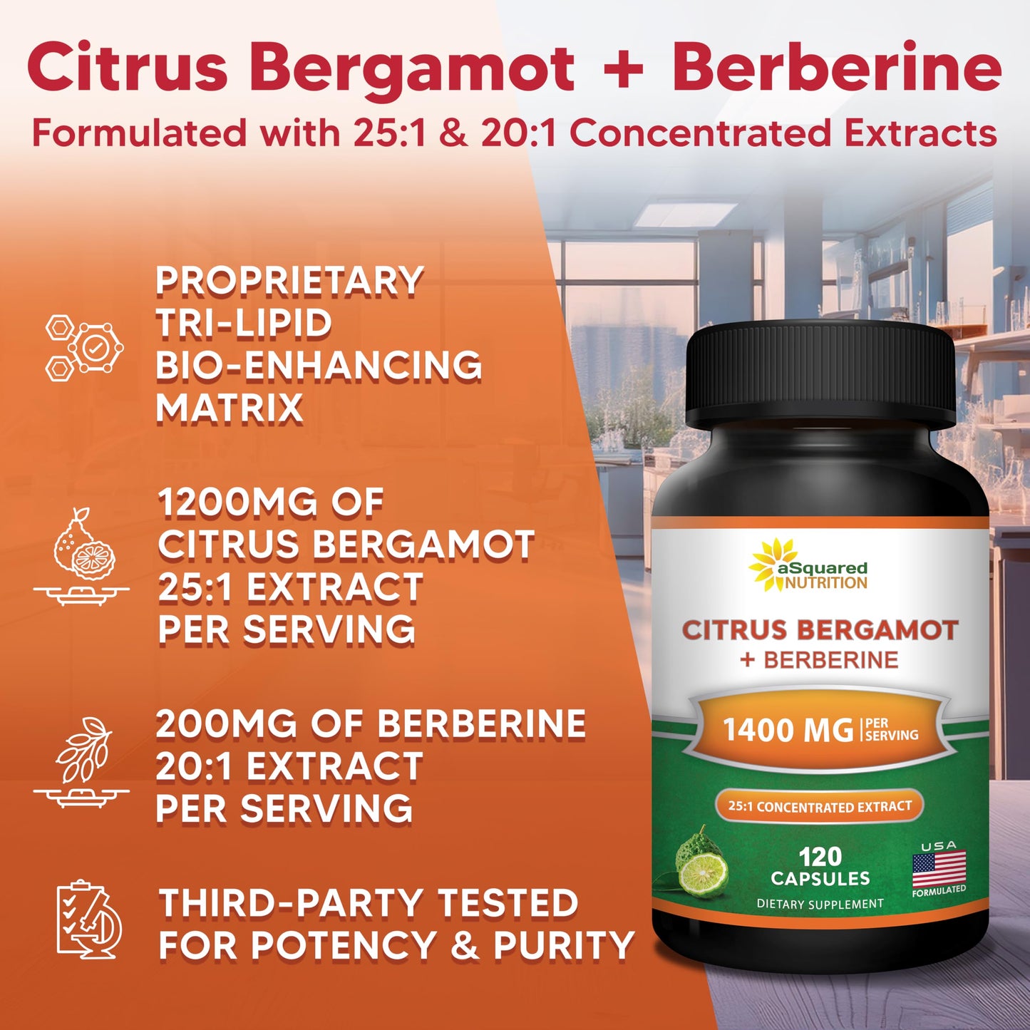 aSquared Nutrition Citrus Bergamot with Berberine Supplement - 1400mg Per Serving Max Strength Complex - 120 Capsules - Supports Cardiovascular Health