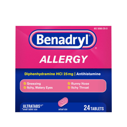 Benadryl Ultratabs Allergy Relief Medicine, 25 mg Diphenhydramine HCl Antihistamine Tablets For Relief of Cold & Allergy Symptoms Like Sneezing, Runny Nose, & Itchy Eyes & Throat, 24 ct Benadryl buy supplements Au
