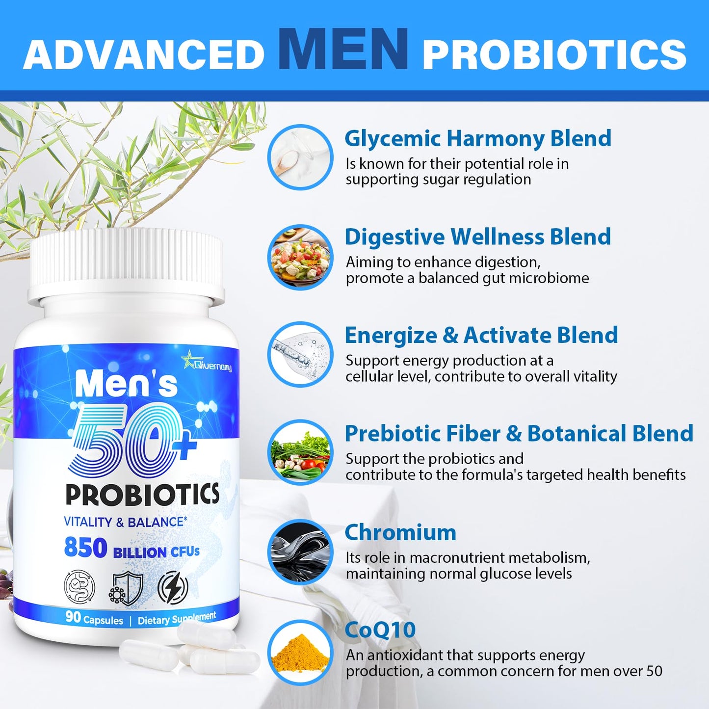 Probiotics for Men, Advanced 50+ Mens Probiotic, Comprehensive Gut & Energy Support with 850 Billion CFU, 1800mg Prebiotics Fiber – Tailored Wellness mens probiotics