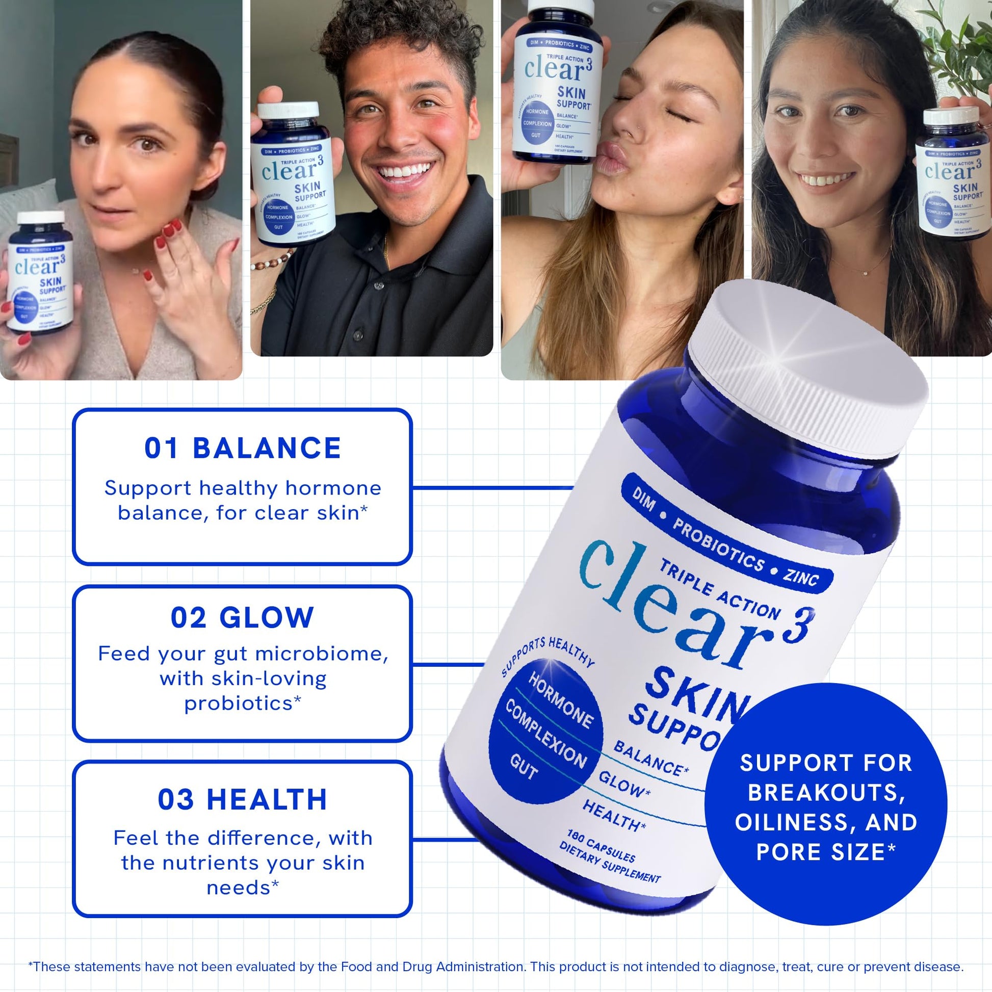 Clear Skin Supplement with Zinc, DIM & Probiotics | 3-in-1 Balance, Glow & Health Skin Support | Triple Action Hyaluronic Acid, Niaciminide & Vitamins for Hormone, Complexion & Gut Support | 180 Ct SMNutritionBuy Supplements Australia