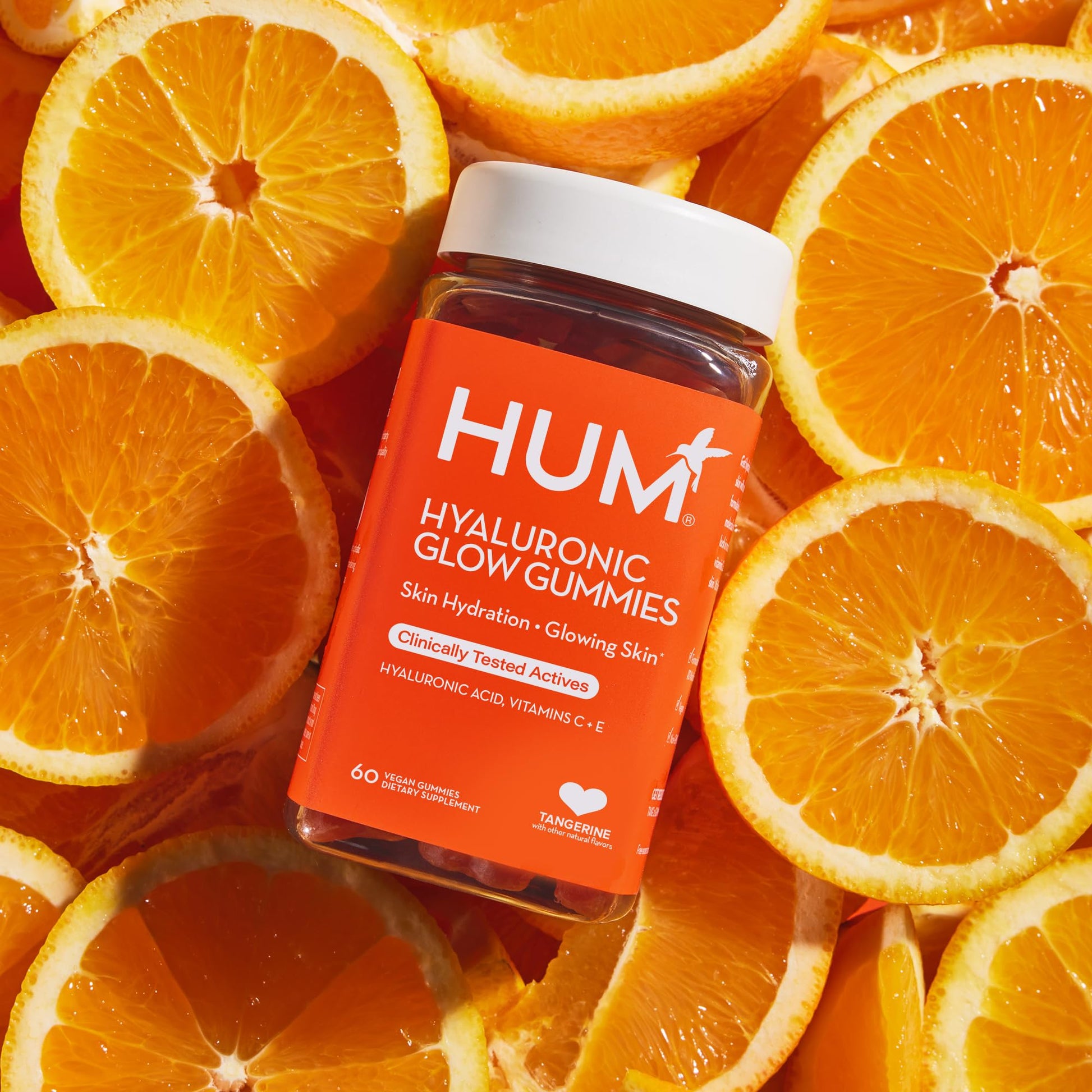 HUM Hyaluronic Glow Hydrating Skin Care Supplement, with Low Molecular Hyaluronic Acid, Vitamin C from Amla Fruit, and Vitamin E, Antioxidant Support for Skin Hydration, Tangerine, 60 Vegan Gummies HUM buy supplements Au
