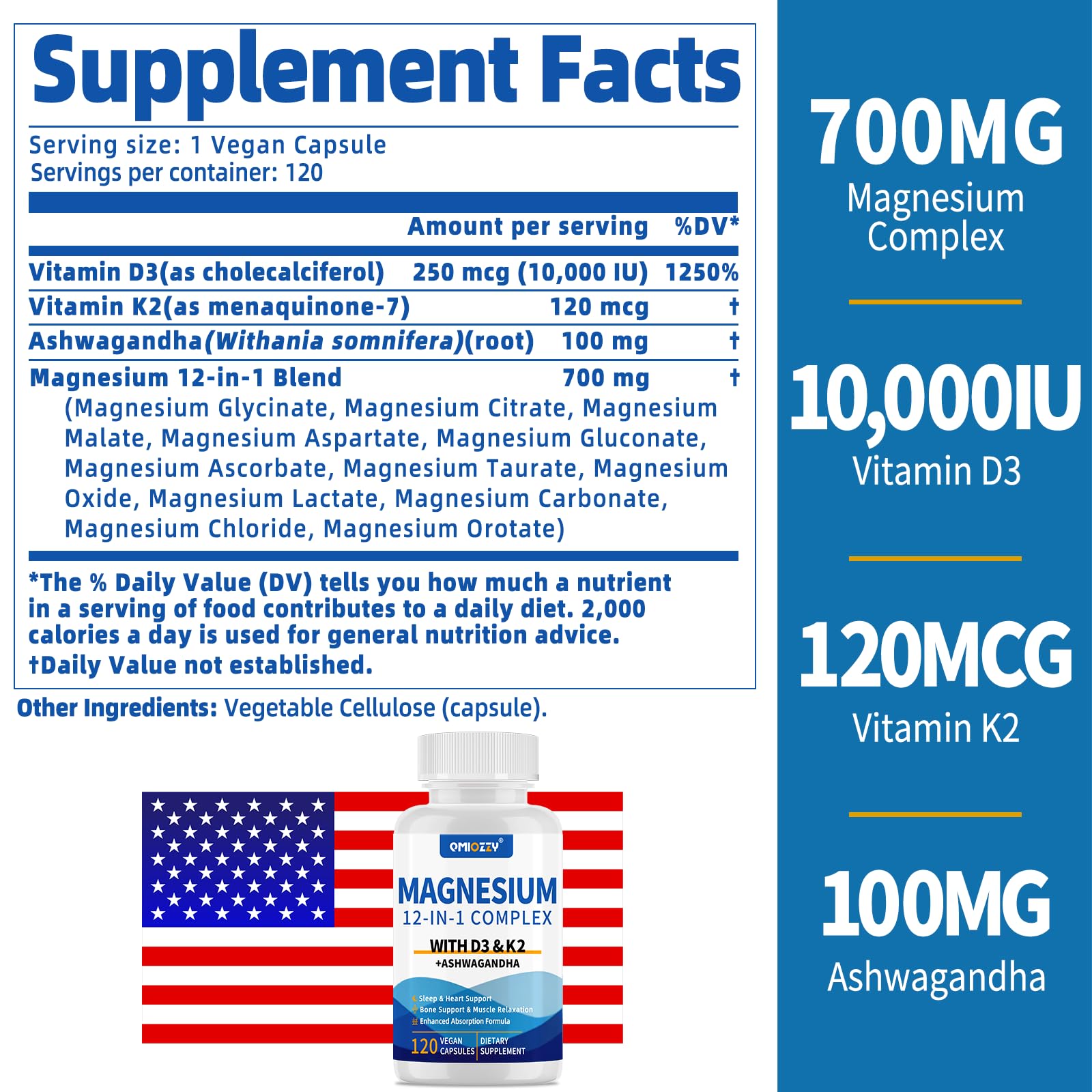 Magnesium Complex 12 in 1 Supplement for Women & Men 700mg, Magnesium Glycinate with Vitamin D3 K2, Citrate Malate Oxide Taurate Aspartate Orotate, for Relaxation, Heart, Energy, Muscle, 120 Capsules Qmiozzy buy supplements Au