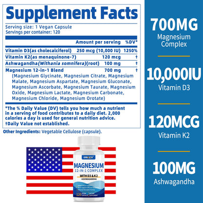 Magnesium Complex 12 in 1 Supplement for Women & Men 700mg, Magnesium Glycinate with Vitamin D3 K2, Citrate Malate Oxide Taurate Aspartate Orotate, for Relaxation, Heart, Energy, Muscle, 120 Capsules Qmiozzy buy supplements Au