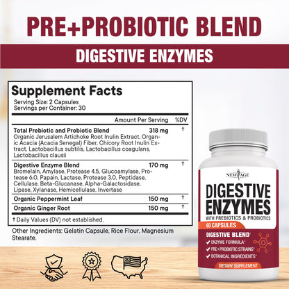NEW AGE Digestive Enzymes for Gut Health - Probiotic Multi Enzymes with Prebiotics and Probiotics with Lipase for Women and Men for Digestive Health,