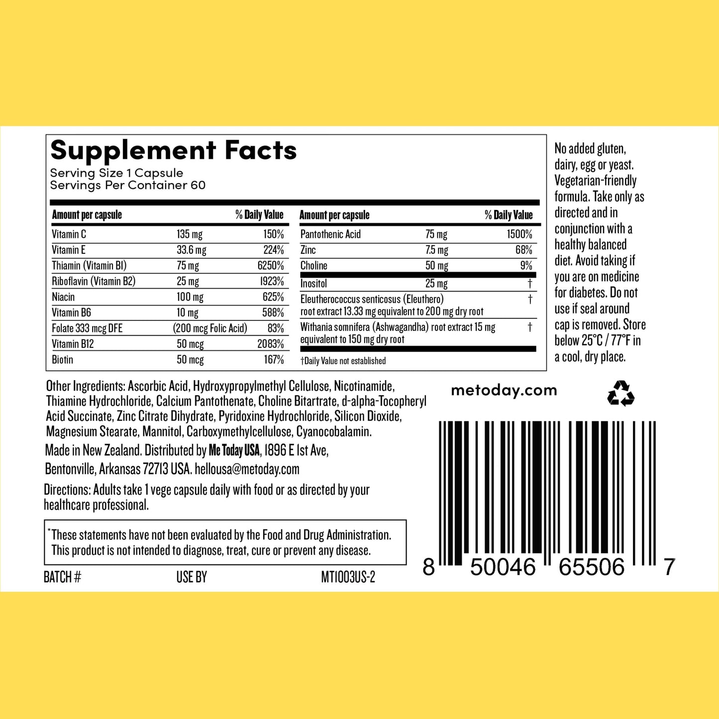 me today Energise Supplement Super B Vitamin B Complex for Men & Women - B6, B12 with Vitamin C, Zinc, Ashwagandha and Siberian Ginseng