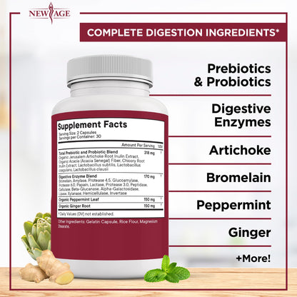 NEW AGE Digestive Enzymes for Gut Health - Probiotic Multi Enzymes with Prebiotics and Probiotics with Lipase for Women and Men for Digestive Health,