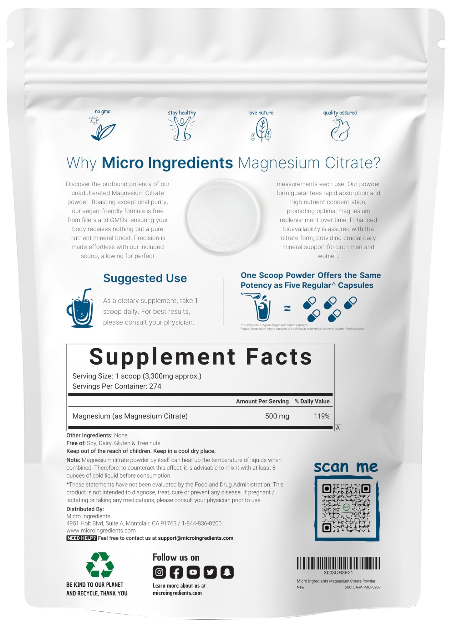 Magnesium Citrate Powder, 2lbs | Unflavored Magnesium Supplement | Relaxation and Nutrient Utilization | Easily Absorbed Formula | Non-GMO, Vegan, Gluten Free