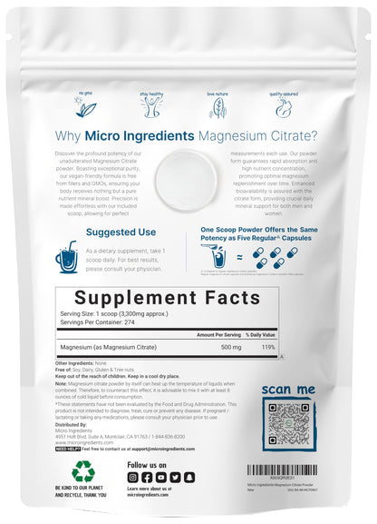 Magnesium Citrate Powder, 2lbs | Unflavored Magnesium Supplement | Relaxation and Nutrient Utilization | Easily Absorbed Formula | Non-GMO, Vegan, Gluten Free