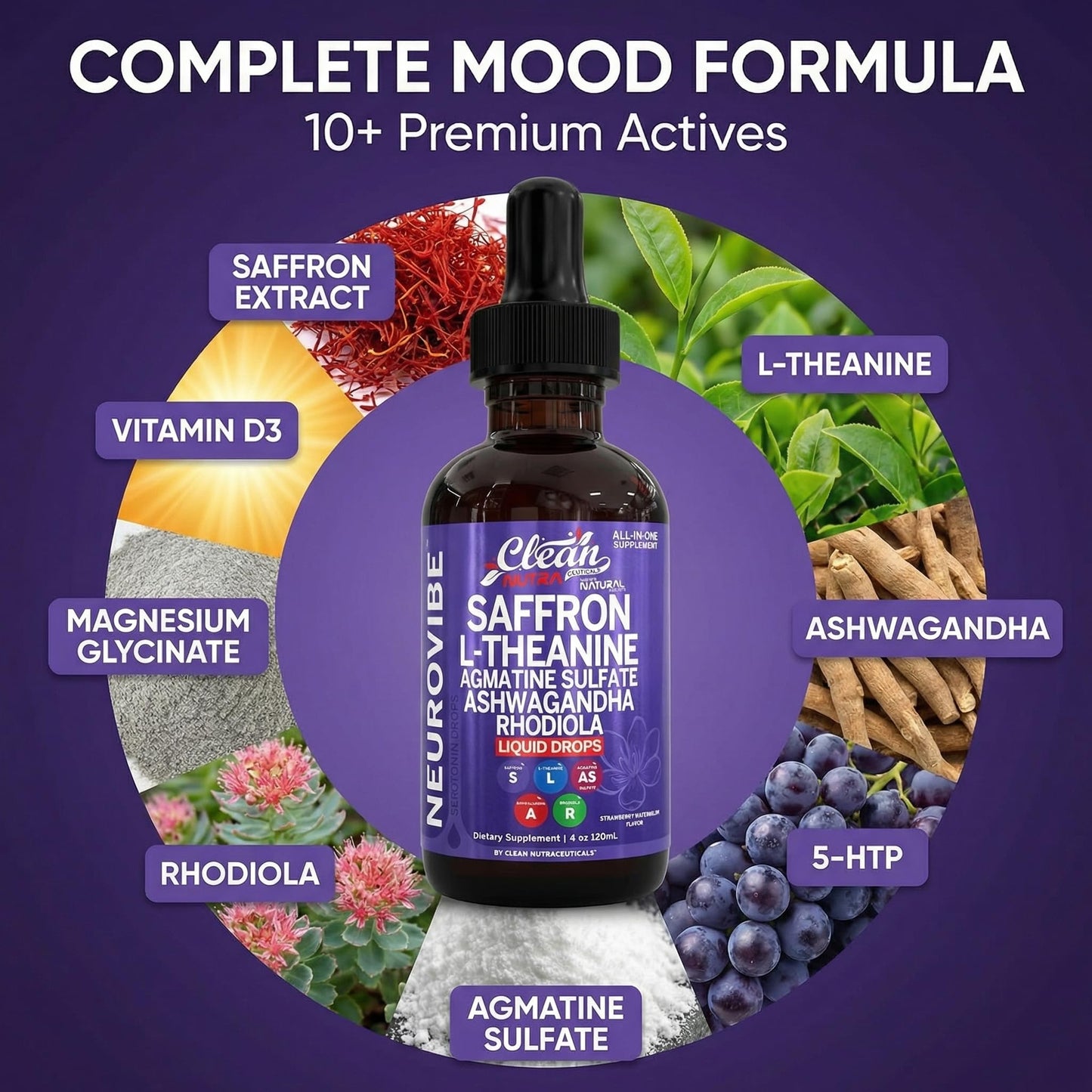 Saffron Supplements Liquid Drops L-Theanine Agmatine Sulfate Ashwagandha Magnesium Glycinate B6 Magnesium Stress Relief Mood Support 5-HTP GABA Supplement Vitamin D 4oz by Clean Nutra