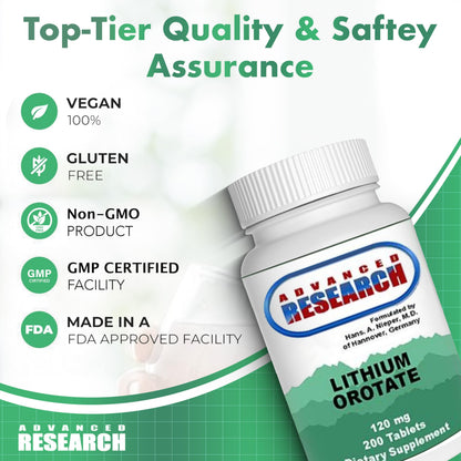 NCI Advanced Research Dr. Hans Nieper Lithium Orotate 5mg, 200 Count, Lab Tested, Non-GMO, Gluten Free, Vegan Friendly