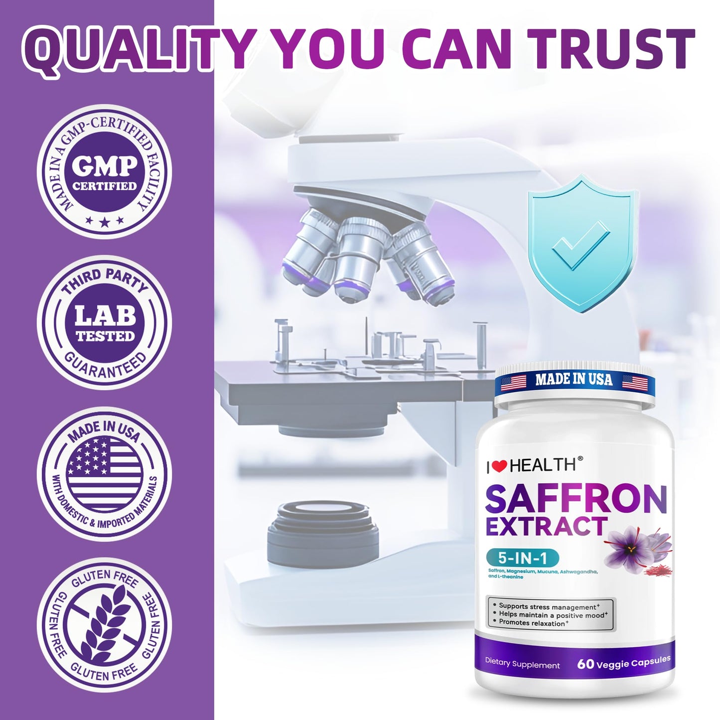 I LOVE HEALTH Saffron Supplement – 88.5mg with Magnesium Glycinate, Ashwagandha & L-Theanine for Stress Relief, Calm Mood & Emotional Balance – Made in USA – 60 Capsules