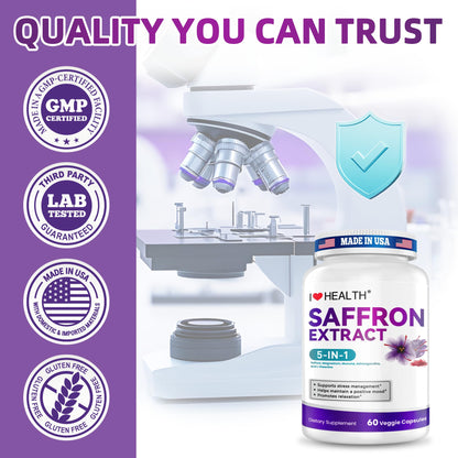 I LOVE HEALTH Saffron Supplement – 88.5mg with Magnesium Glycinate, Ashwagandha & L-Theanine for Stress Relief, Calm Mood & Emotional Balance – Made in USA – 60 Capsules