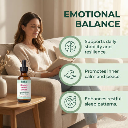 Halla Steady Mood Drops, with Saffron Extract – Fast Absorption Cognitive & Emotional Balance Supplement – Advanced Brain Nutrient Blend – Orange Vanilla Flavor, 2 fl oz