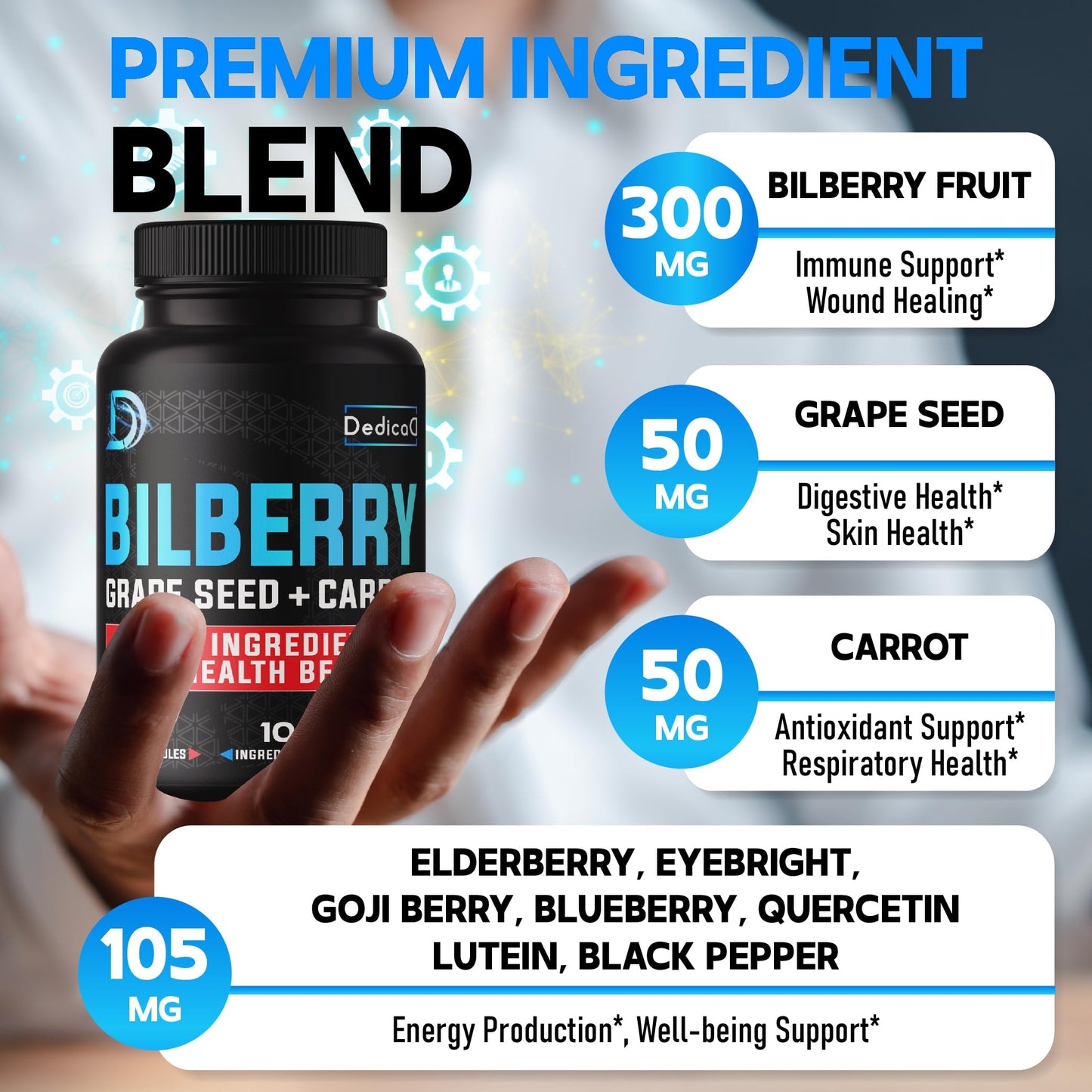 DEDICAD 20:1 Bilberry Extract Capsules - 5 Month Supply - Support Eyes, Vision & Heart Health - 10in1 Plus Grape Seed, Carrot, Elderberry, Eyebright & Others - 150 Counts DEDICAD buy supplements Au